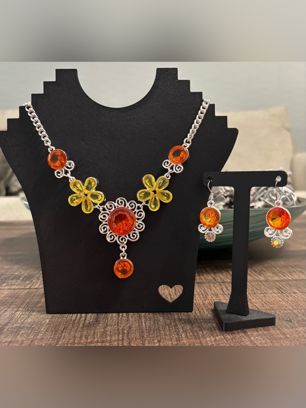 Statement Orange and Yellow Floral Crystal Necklace & Earrings Set